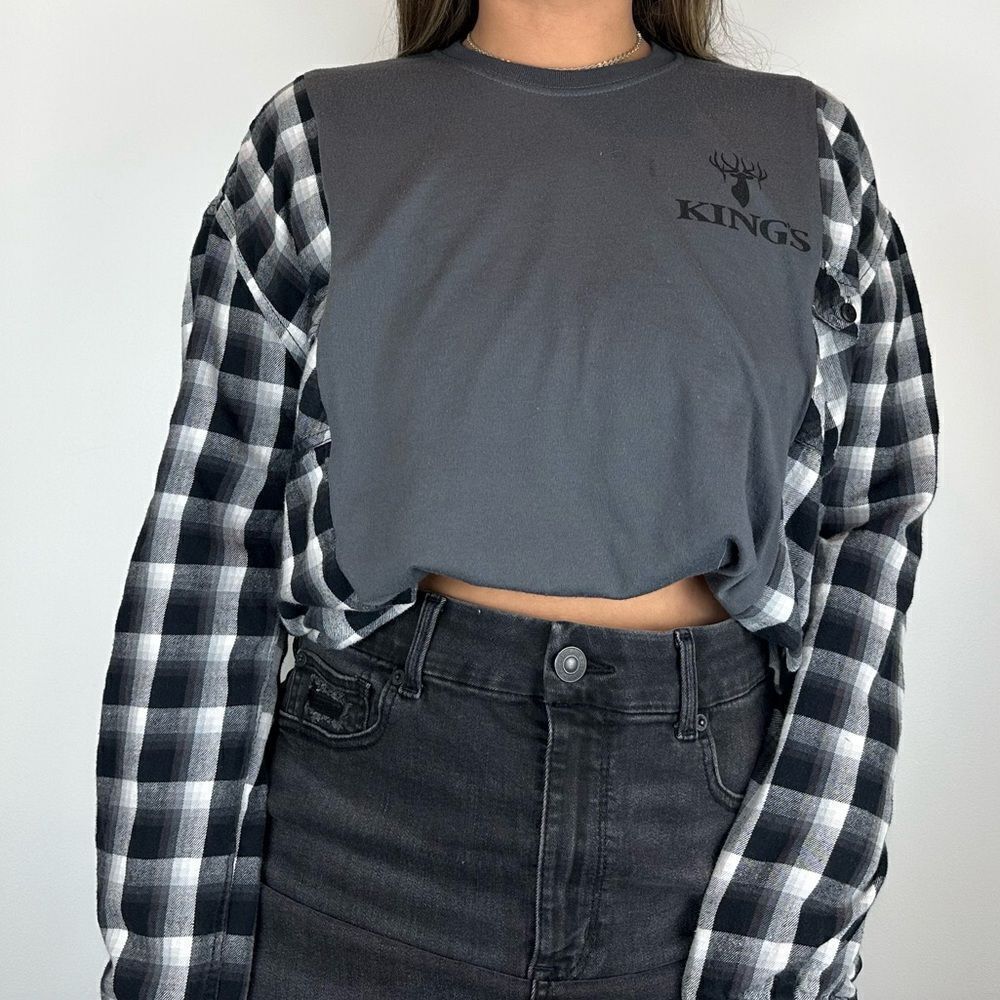 Reworked Upcycled Casual Plaid Flannel Kings Gray Long Sleeve Shirt